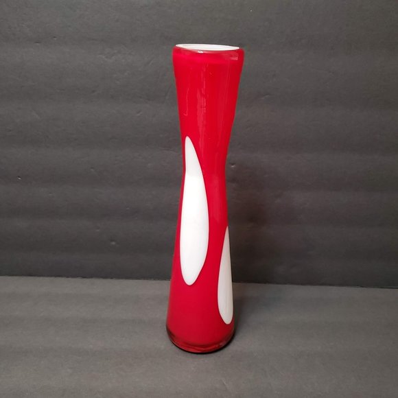 Red and White Cased Glass Vase, Art Glass, Polka Dot Coin Dots, 11", Red Vase - Picture 6 of 7